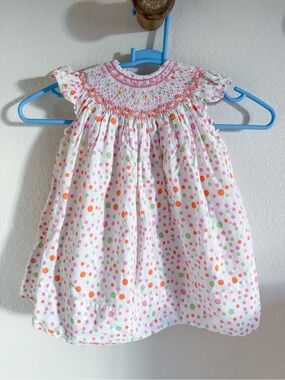 Strasburg Bishop Smocked Polka Dot Baby Dress with Pink & Orange Accents Sz 3 M
